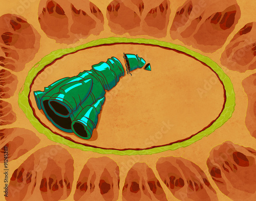 Fototapeta Naklejka Na Ścianę i Meble -  Broken rocket on the planet. Science fiction digital background raster illustration