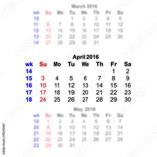 April 2016 Calendar week starts on Sunday