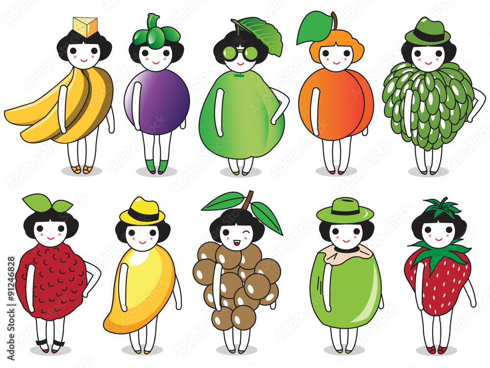 Obraz premium Fashion and Fruits character illustration set