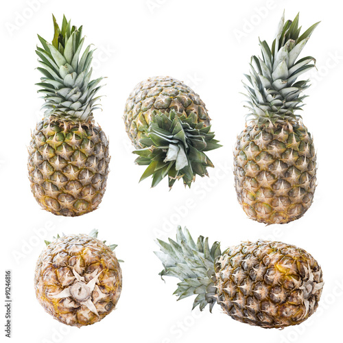 Set of pineapples, different angles, isolated on white, clipping path