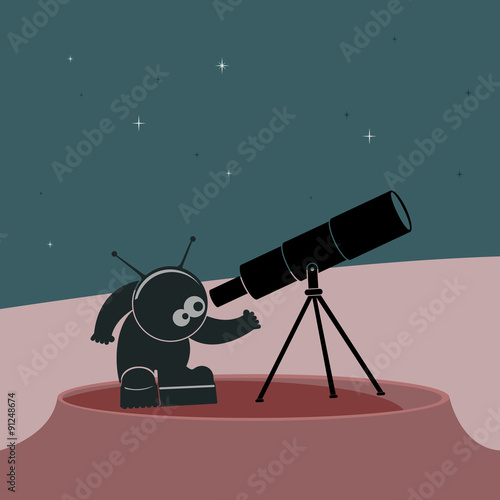 Funny cartoon character cosmonaut looking through a telescope.