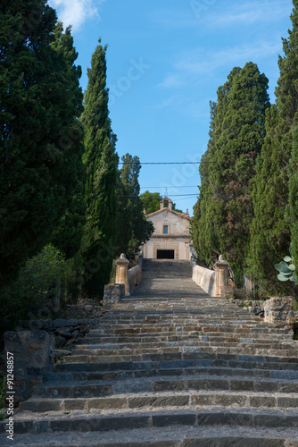 365-step stairway up to a chapel on top of the hill known as Calvary in Pollenca  Mallorca island  Spain