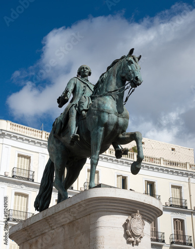 Statue of Charles III one of the famouse King of Spain on Puerta del Sol square in Madrid, Spain