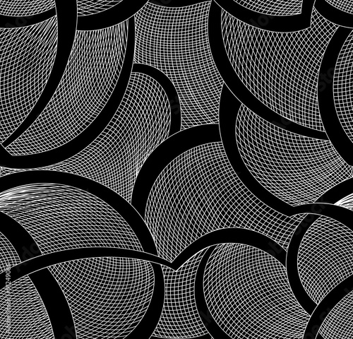 Abstract vector seamless pattern with curling lines and grid. Decorative endless texture