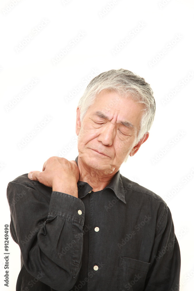 senior Japanese man suffers from neck ache senior Japanese man suffers from neck ache