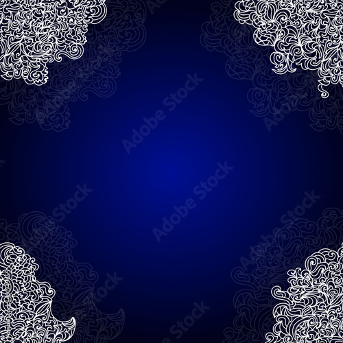Blue abstract ornamental vector frame with white lacy corners