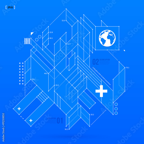 Abstract blueprint with complex geometric element. Useful for presentations. EPS10 vector template