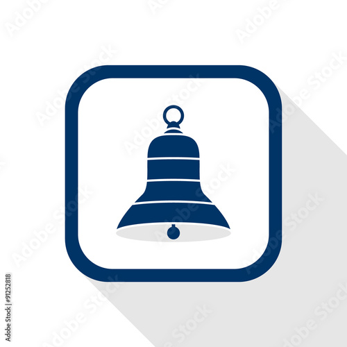 square blue icon bell with long shadow - symbol of alarm, announce, alert, music, mute, reminder, sound