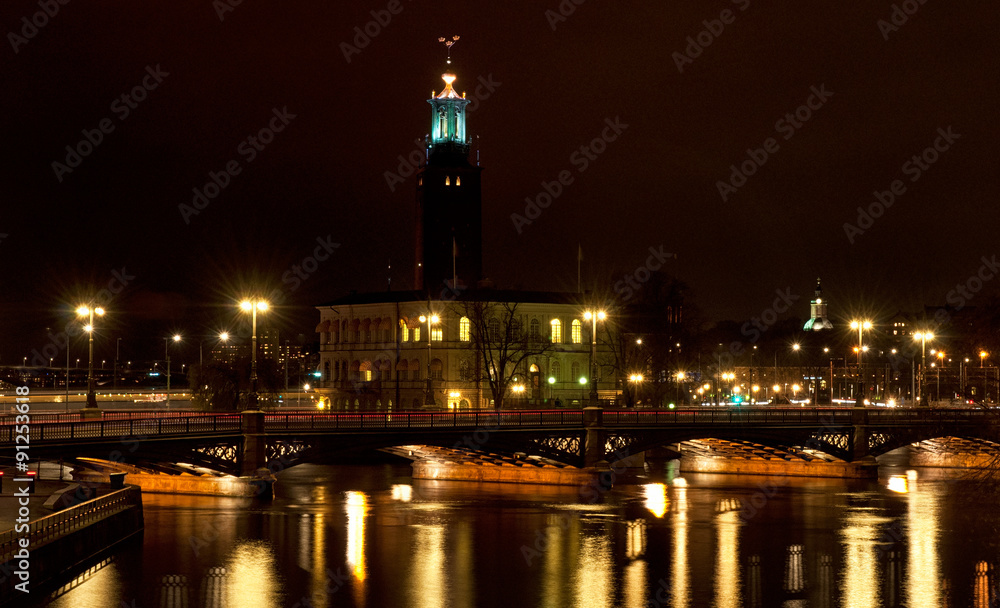 Night view of the Stockholm City Hall, Sweden