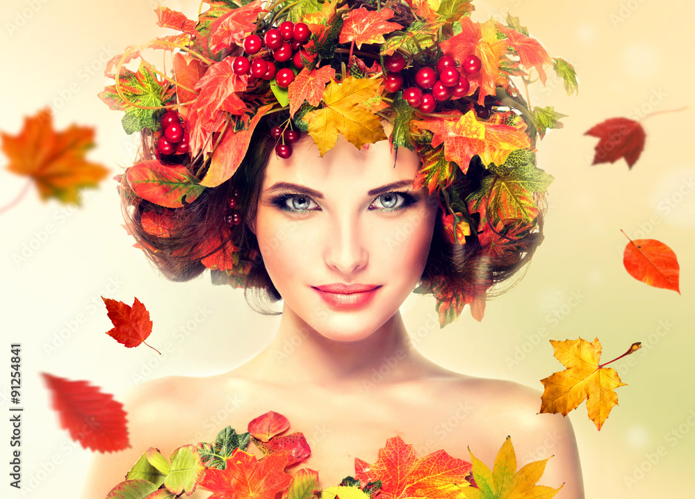 Autumn Beauty - fashion Makeup With Red and yellow autumn Leaves on  girl head . Emotions and surprise on the face of the autumn girl