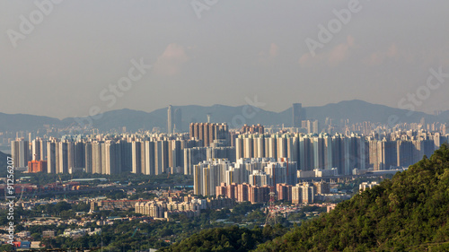 View of Shenzhen and Yuen Long in New Territories of Hong Kong. Hong Kong and many cities in mainland China are heavily affected by air pollution. 