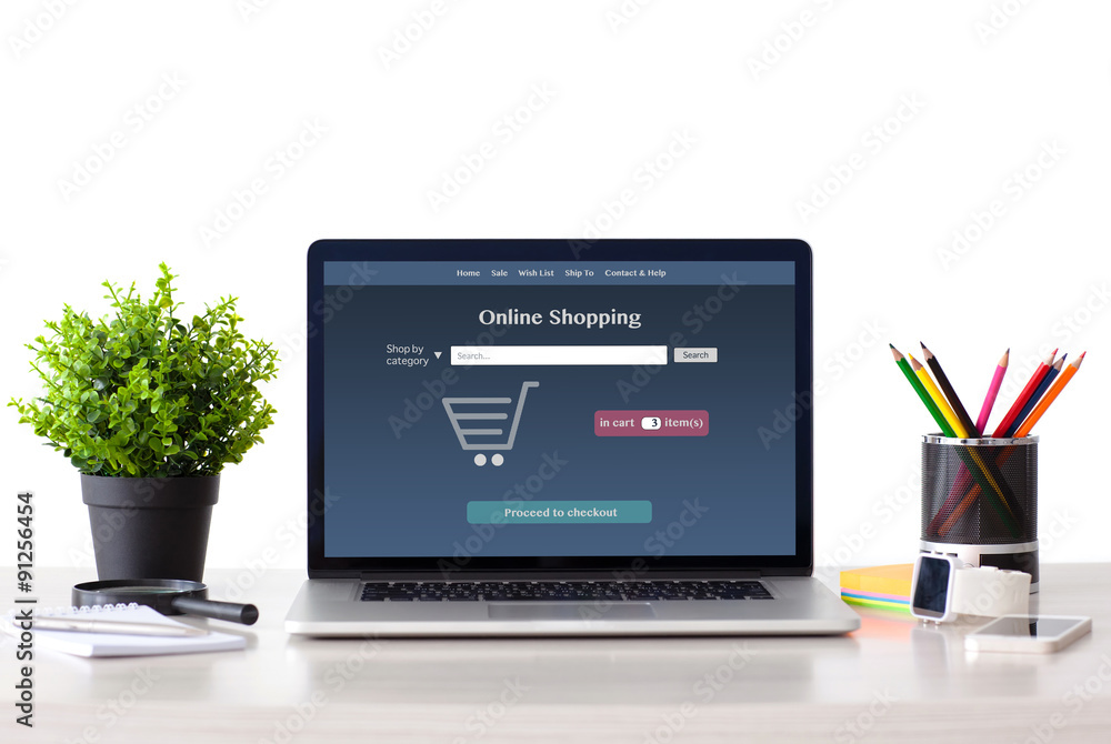 notebook with onlain shopping site on the screen notebook with onlain shopping site on the screen