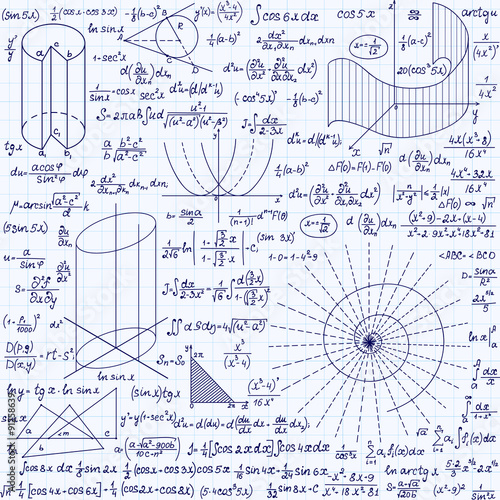 Fotografie Mathematical vector seamless pattern with geometrical figures, plots and equations, handwritten on the grid copybook paper