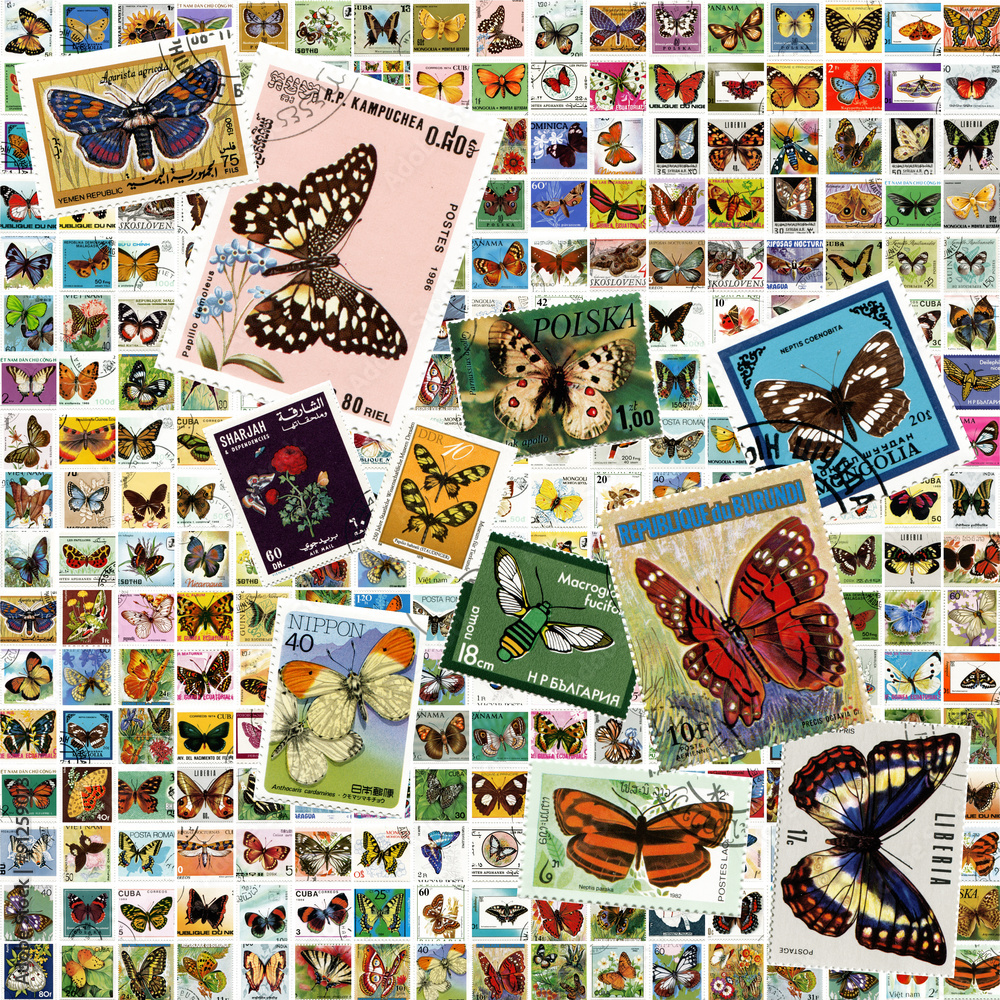 Коллаж из почтовых марок разных стран на тему Бабочки
