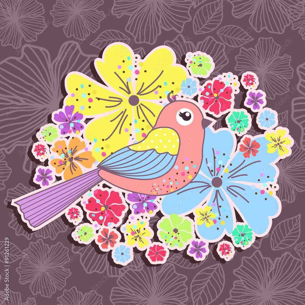 Beautiful pattern card with birds and flowers on a purple background