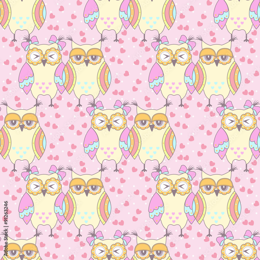 Seamless pattern with owls in love on a pink background