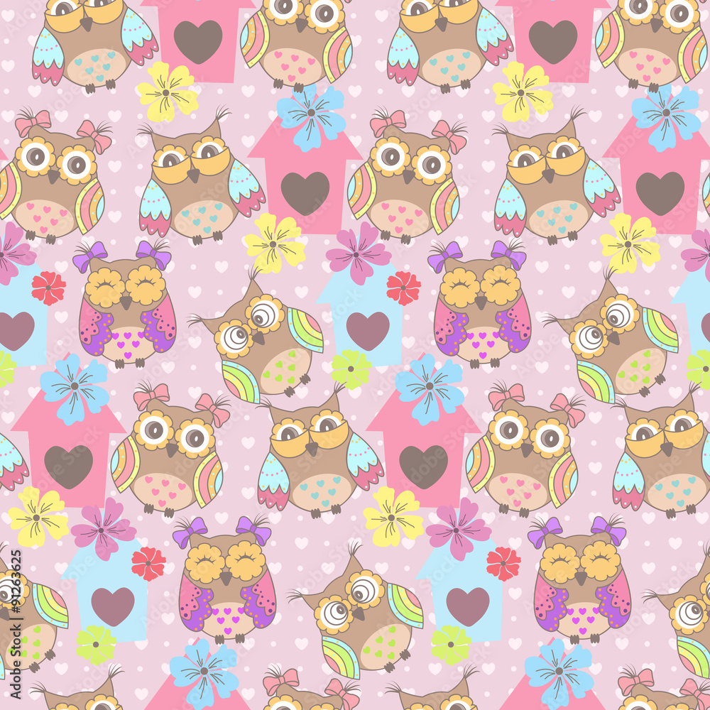 Beautiful seamless pattern with cute owls and birdhouse