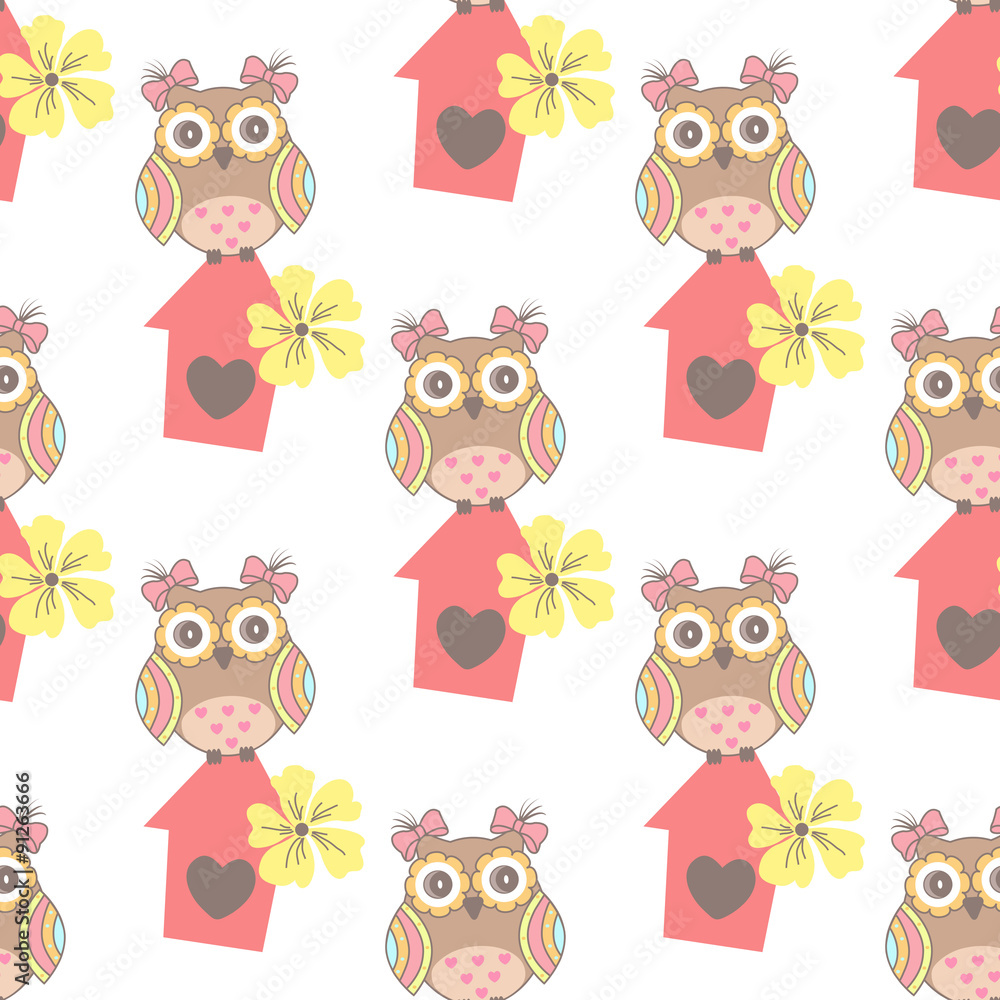 Naklejka premium Beautiful seamless pattern with cute owls and birdhouse