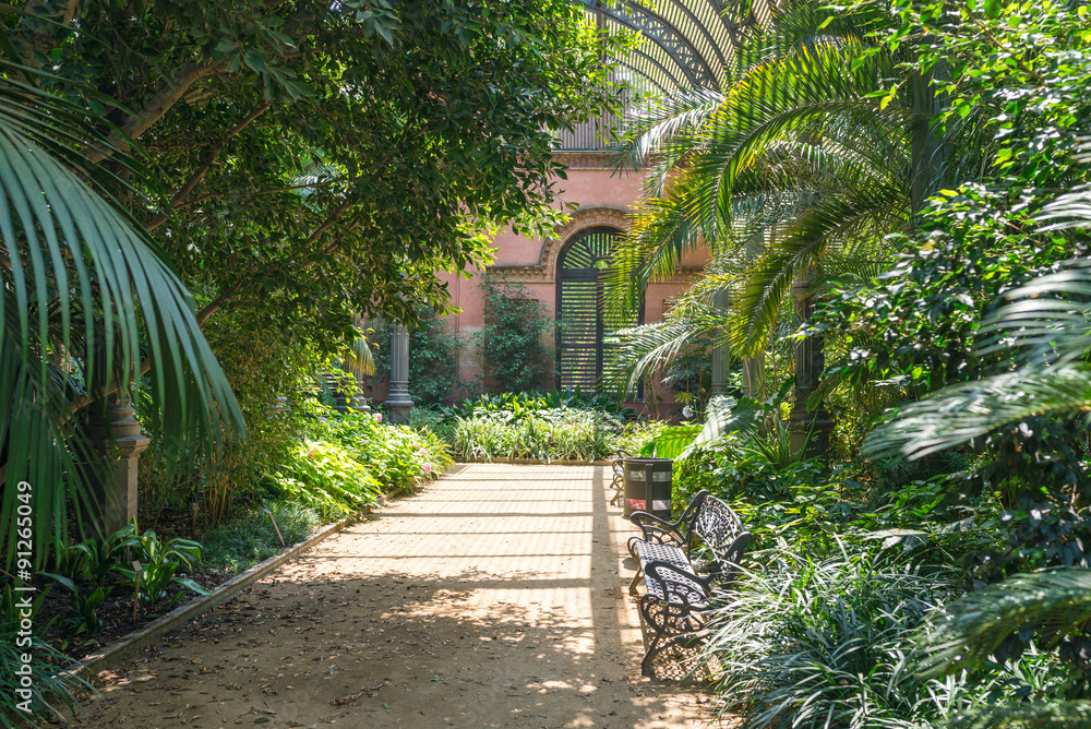 Fototapeta premium Tropical greenhouse, the Umbracle is a wood brick construction for tropical plants in the Citadel Park Barcelona. The Parc de la Ciutadella is situated in the Barcelona district Ciutat Vella