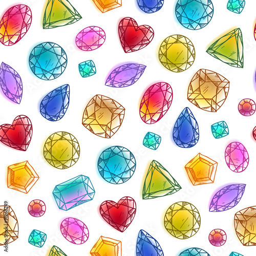 Seamless colorful hand drawn gemstones  pattern on white.