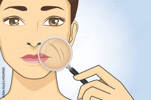 A magnifier on hand magnifying the woman facial to finding wrinkle on her cheek