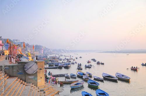Boat wharf on Ganges river, Varanasi, India