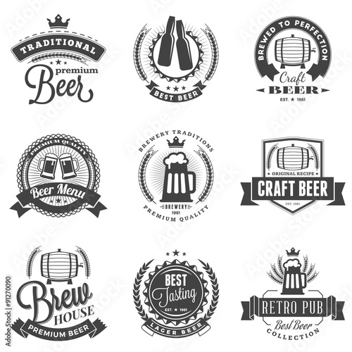 Set of Retro Vintage Beer Badges, Labels, Logos. Black and White Vector Illustration