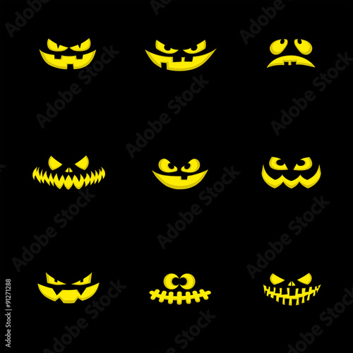 Set nine design elements: halloween pumpkins scary face. Vector