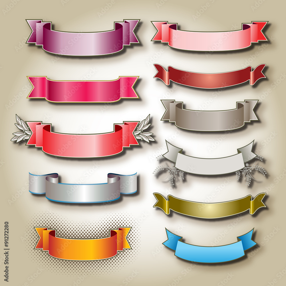 A set of various blank, colorful banners on a parchment background. A set of various blank, colorful banners on a parchment background.