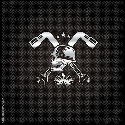 silver skull in helmet with wrenches concept vector design templ