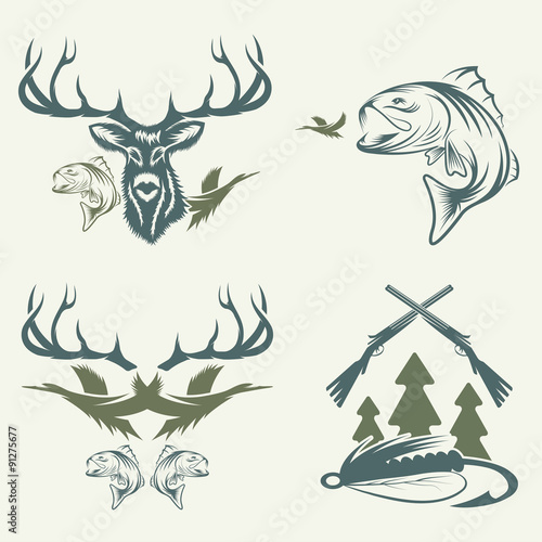 Set of vintage hunting and fishing labels and design elements