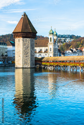 Panoramic view of wooden Chapel bridge and old town of Lucerne, Switzerland 