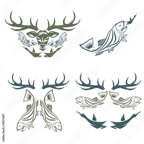 Set of vintage hunting and fishing labels and design elements