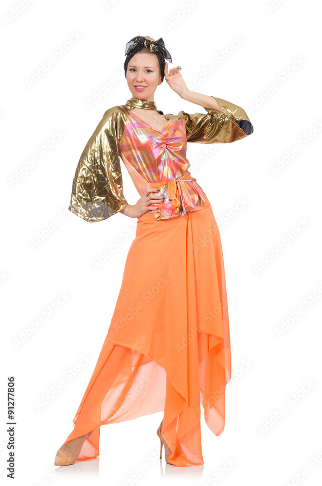 Woman in orange dress isolated on white