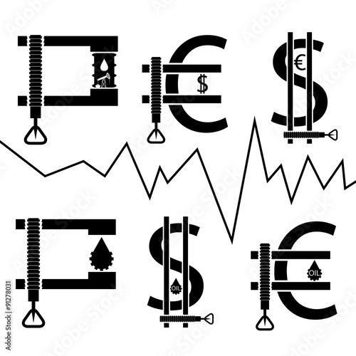 dollar, euro and oil barrel in clamp ,financial concept