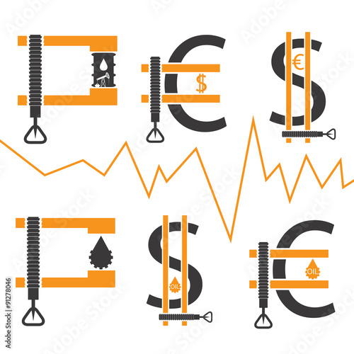 dollar, euro and oil barrel in clamp ,financial concept