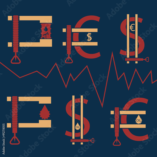dollar, euro and oil barrel in clamp ,financial concept