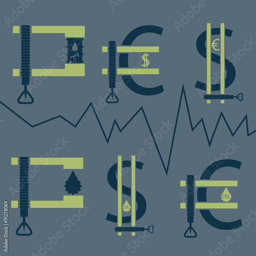 dollar, euro and oil barrel in clamp ,financial concept