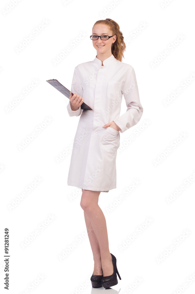 Pretty female doctor holding diary isolated on white Pretty female doctor holding diary isolated on white