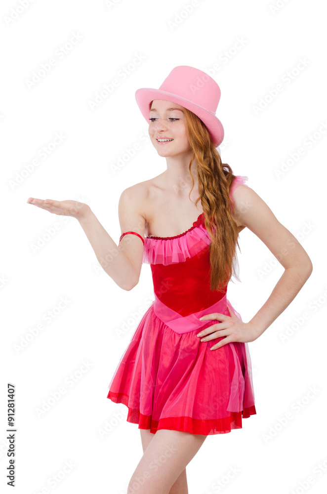 Pretty young wizard in mini pink dress isolated on white Pretty young wizard in mini pink dress isolated on white