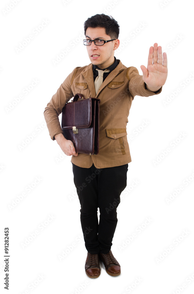 Young man with brown briefcase isolated on white