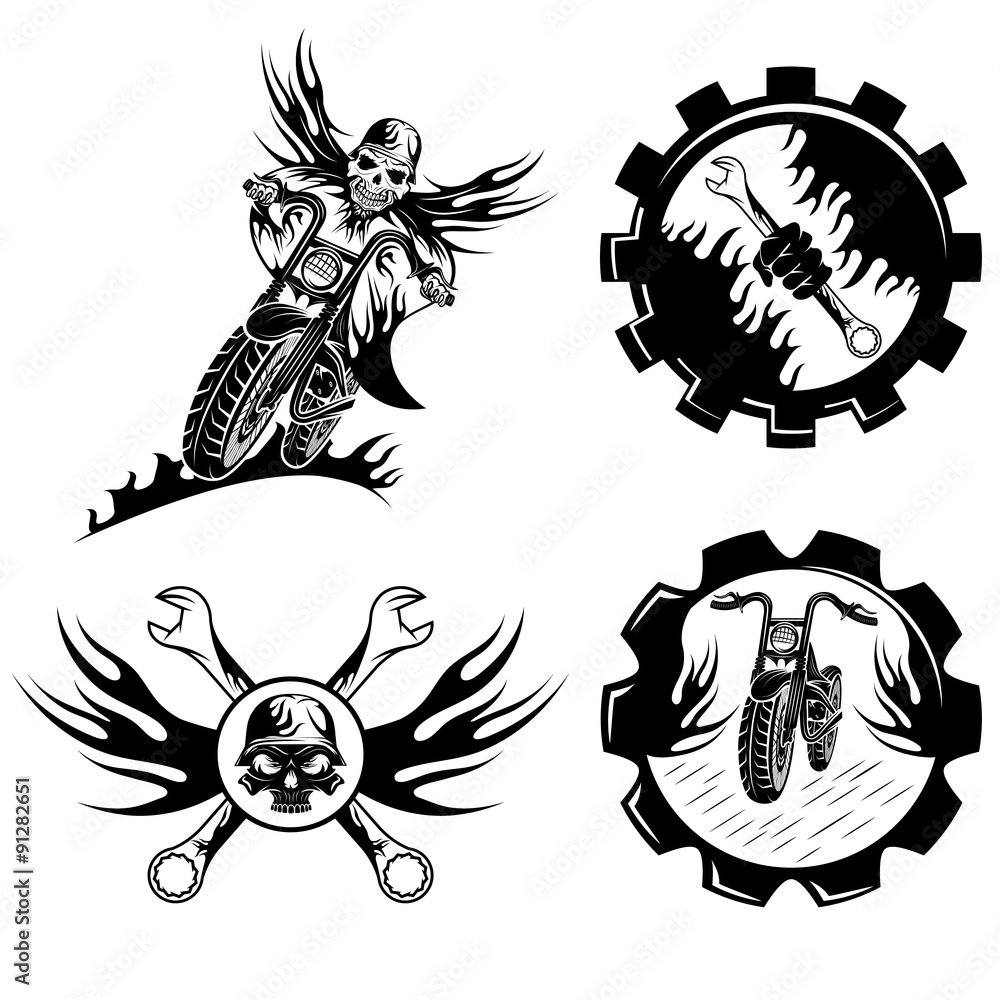 Fototapeta premium set of bikers theme emblems with skull,flames and wrenches