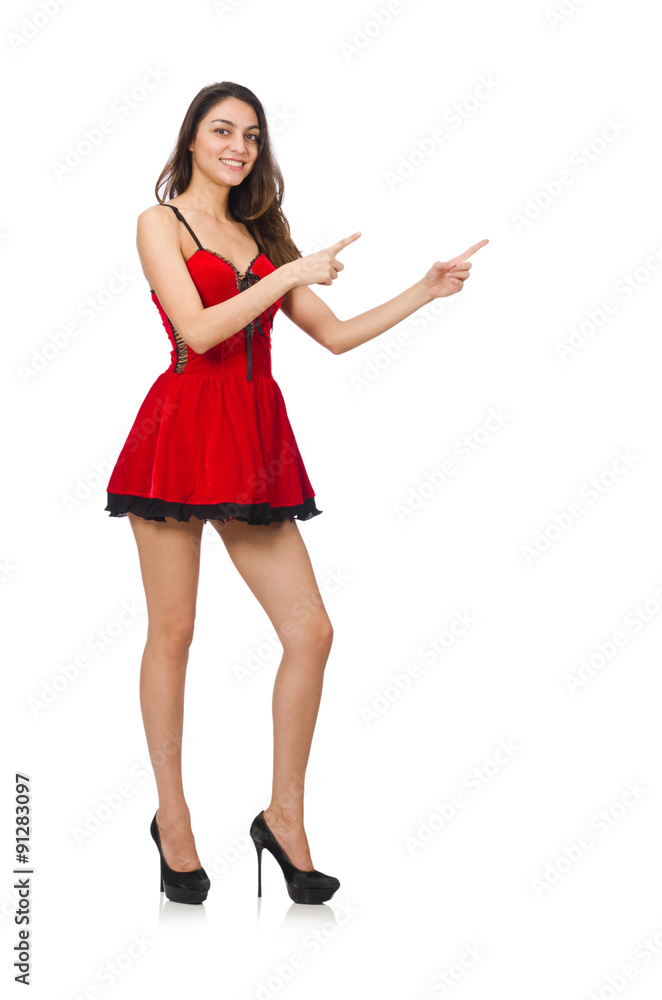 Woman wearing short mini red dress isolated on white Woman wearing short mini red dress isolated on white