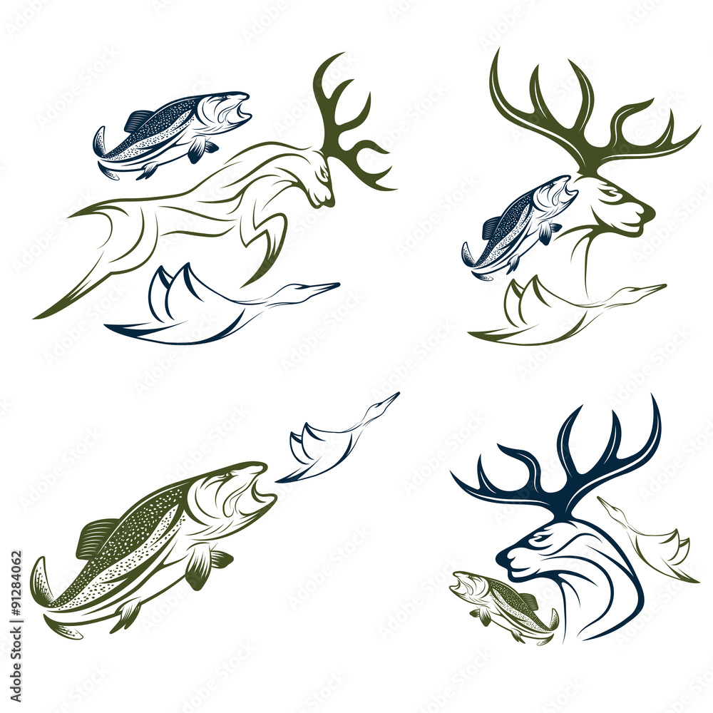Obraz premium Set of vintage hunting and fishing labels and design elements