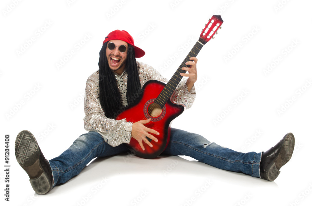 Male musician with guitar isolated on white Male musician with guitar isolated on white