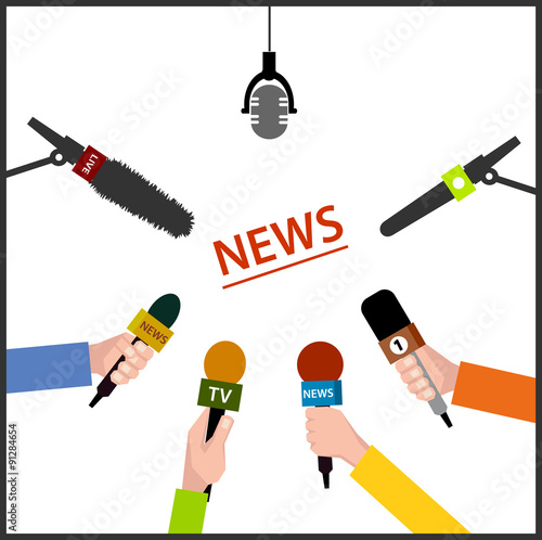  illustration in flat style.  hands holding microphones .