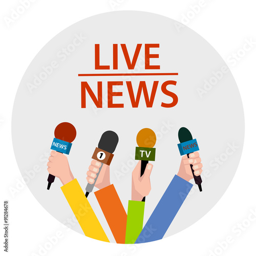  illustration in flat style.  hands holding microphones .