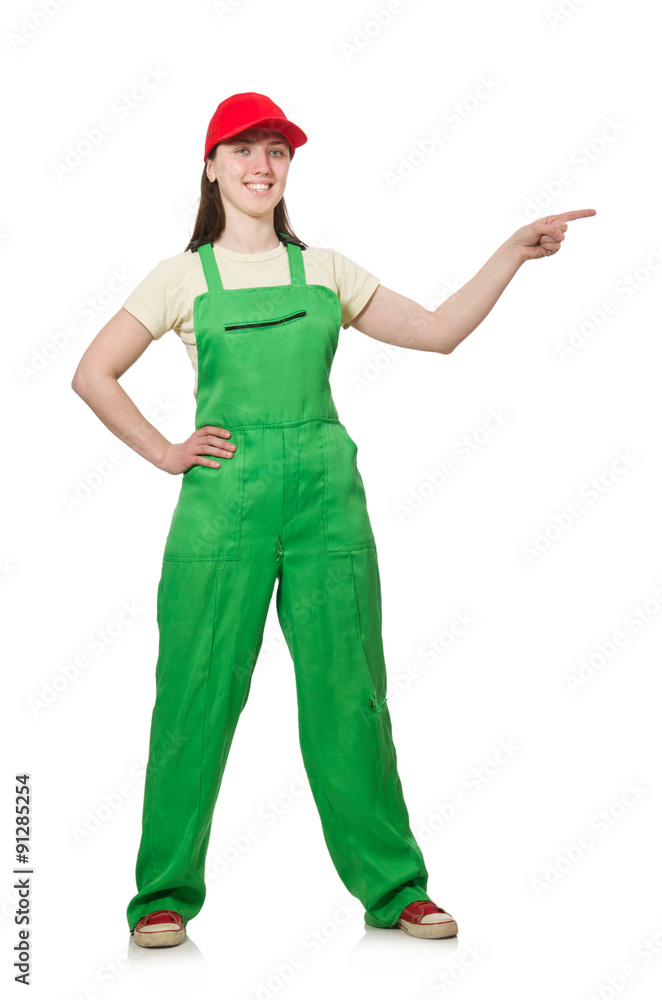 Female worker wearing coverall isolated on white Female worker wearing coverall isolated on white