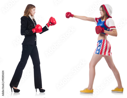 Business lady and sportsman boxing isolated on white