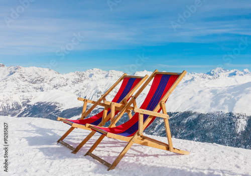 Chairs on the slopes of the mountains in the Alps, Ski resort Li